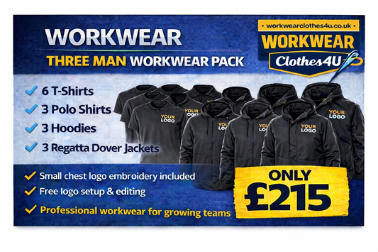 Three Man Workwear Pack – 6 T-Shirts, 3 Polos, 3 Hoodies & 3 Regatta Dover Jackets