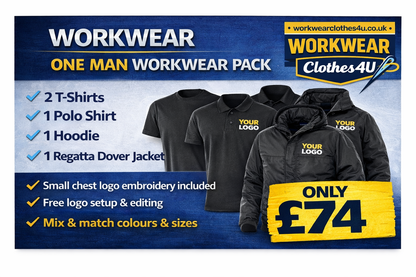 One Man Workwear Pack – 2 T-Shirts, 1 Polo, 1 Hoodie & 1 Regatta Dover Jacket