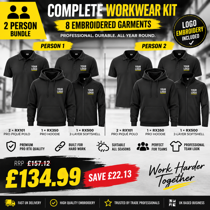2 Person Complete Workwear Bundle – 8 Embroidered Garments