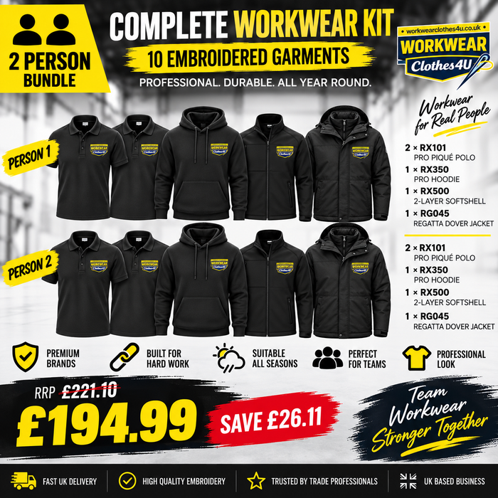 2 Person Complete Workwear Bundle – 10 Embroidered Garments