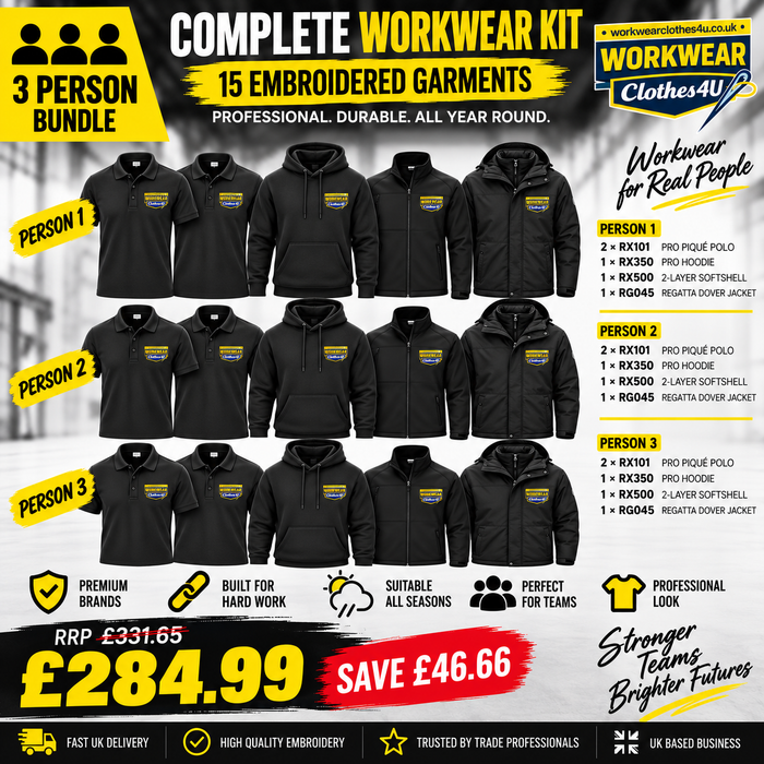 3 Person Complete Workwear Bundle – 15 Embroidered Garments