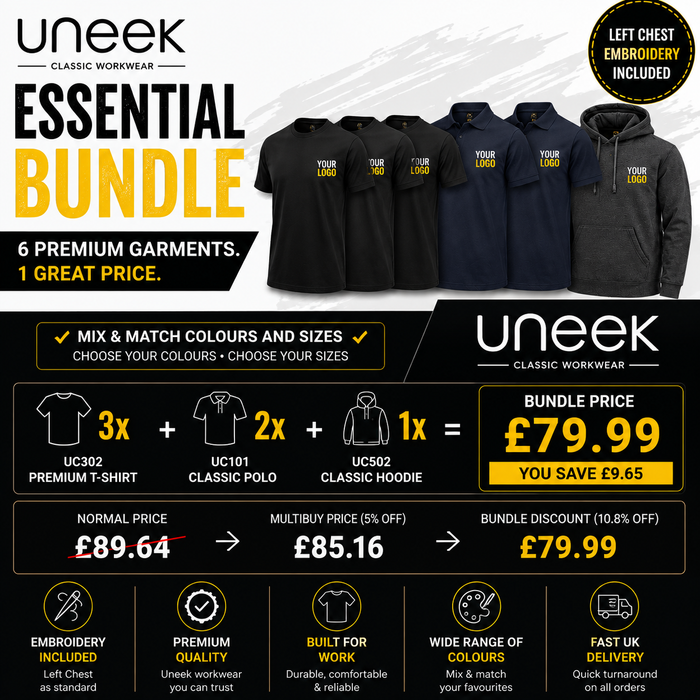 Uneek Essential Workwear Bundle – 6 Embroidered Garments