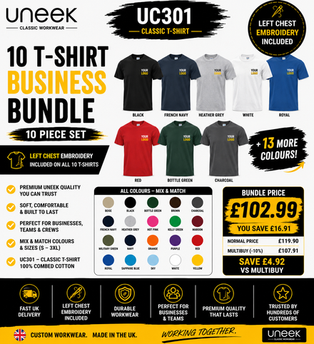 Uneek UC301 10 T-Shirt Business Bundle – Embroidery Included