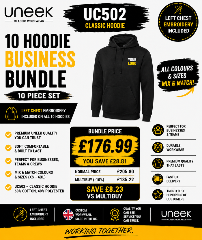 Uneek UC502 10 Hoodie Business Bundle – Embroidery Included